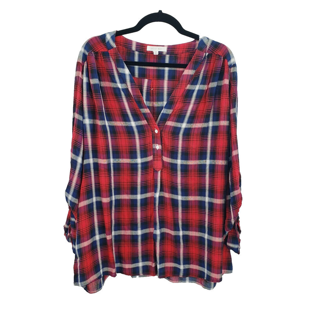 August Mist Plaid Button Up Shirt Womens 2x Red Blue Rayon Roll Tab Sleeve Top